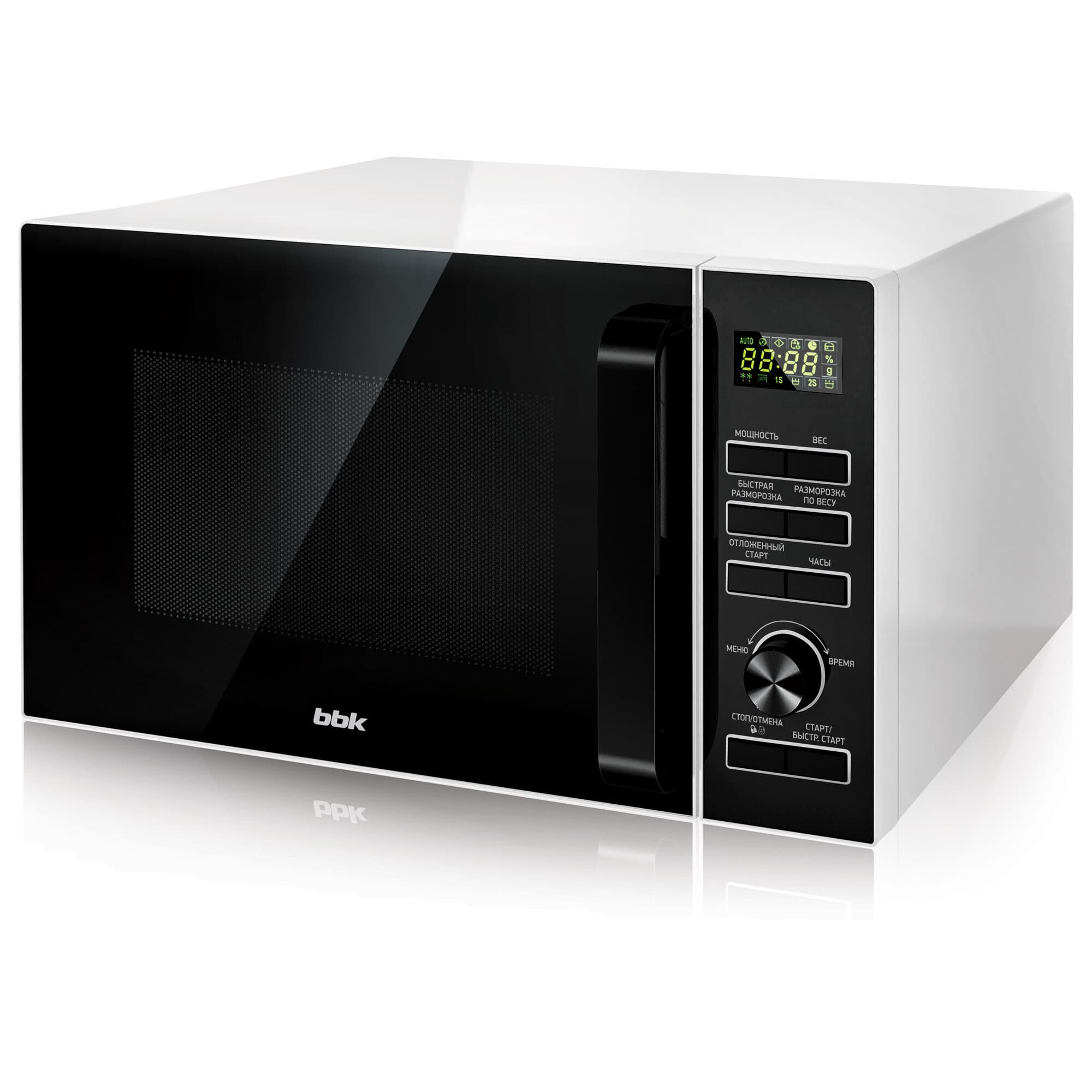 Микроволновая печь соло BBK 25MWS-970T/WB белый/черный, объем 25 л, мощность 900 Вт, автоменю, функция SAFE LOCK