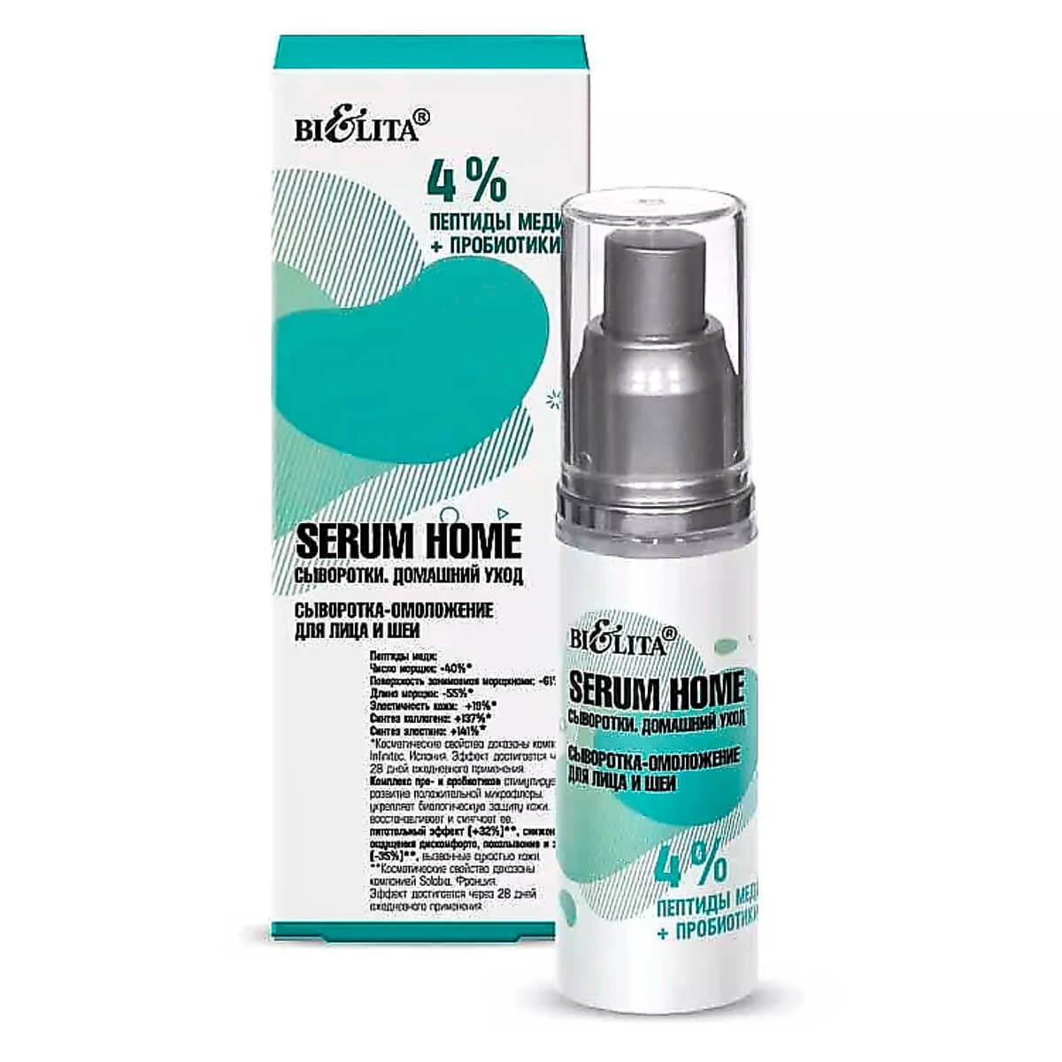 Cыворотка-омоложение для лица и шеи 4% пептиды меди+пробиотики, Serum home, , Белита