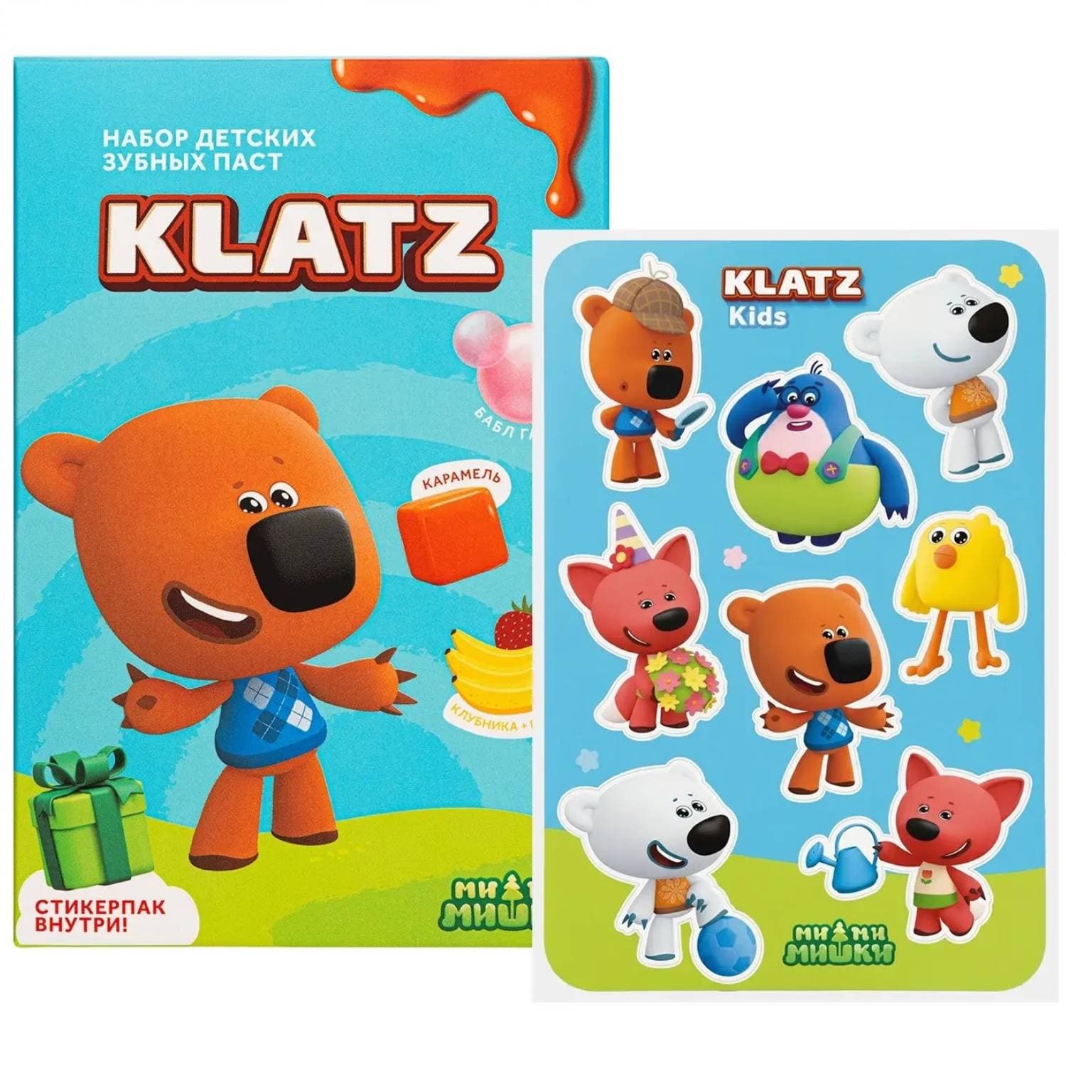 Клатц Набор зубных паст для детей Klatz Kids: Бабл Гам + Карамель 40 мл + Клубника-банан 40 мл + стикерпак (Klatz, Ми-ми-мишки)