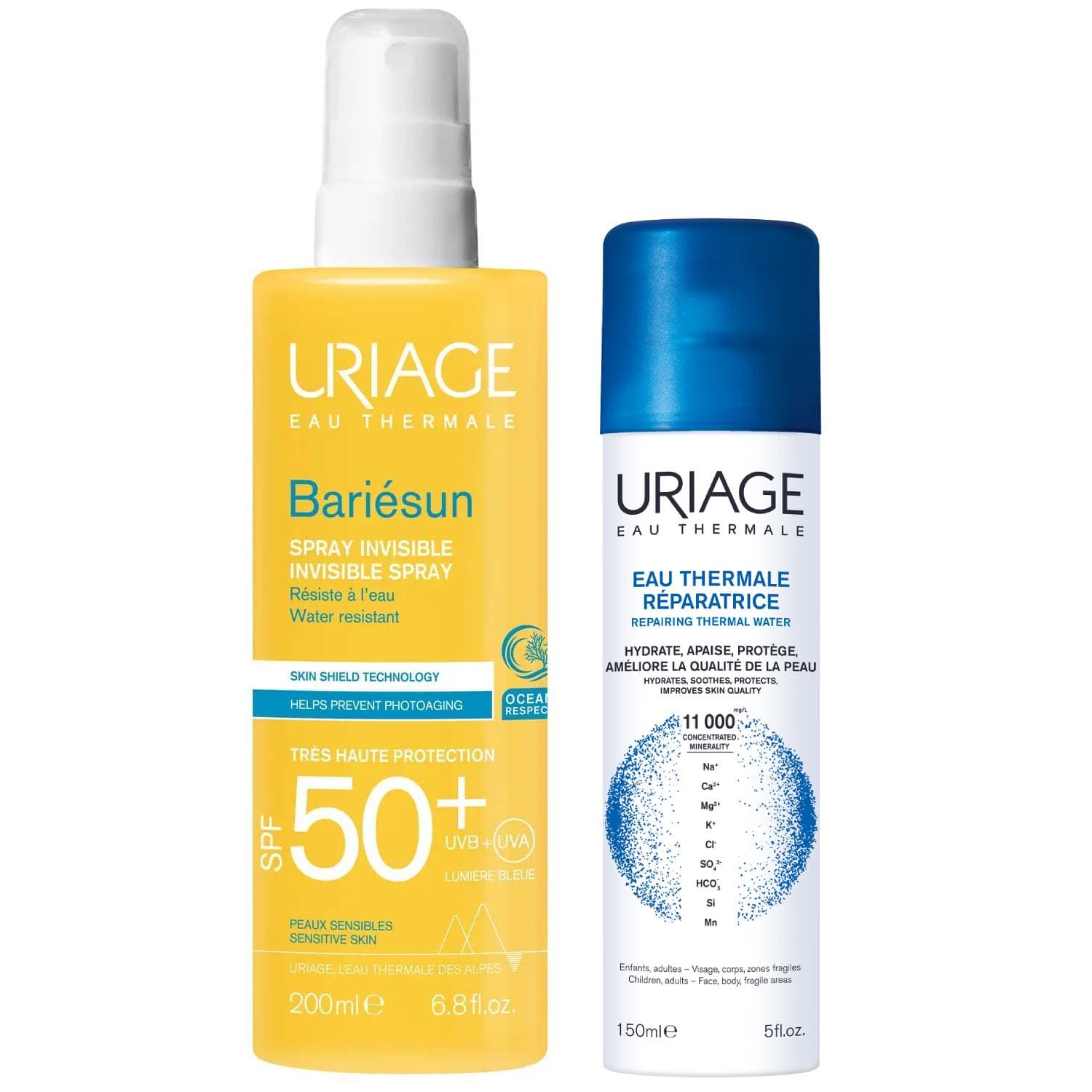 Урьяж Набор для лица и тела: невидимый спрей Bariesun SPF50+ + термальная вода Урьяж 150 мл (Uriage, Bariesun)